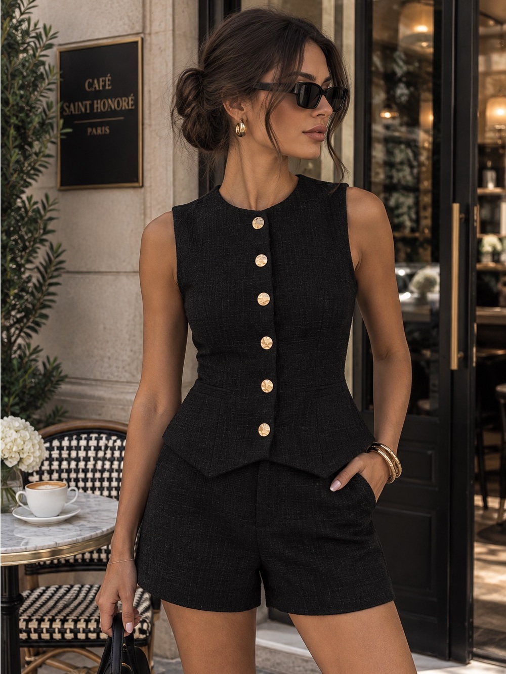 COMMENSE Tweed Buttoned Vest & Mini Shorts Set